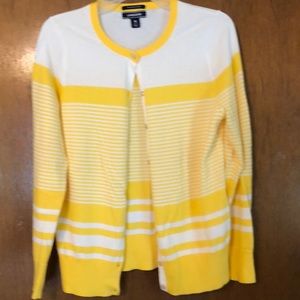 Yellow/white striped cardigan sweater
